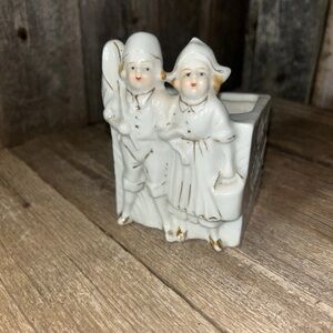 Vintage Porcelain Boy and Girl Figurine Planter - White with Gold Accents